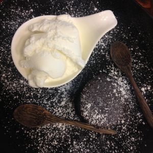 vegan lava cake with coconut ice cream at Mango in Bangkok