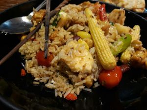 Fried rice with chick peas and beans and extra tempeh at Mango in Bangkok