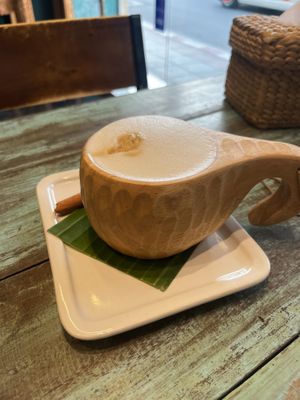 Latte in funky mug   at Mango in Bangkok