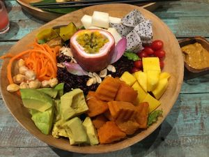 Buddha bowl with coconut chickpea dressing. Yum!  at Mango in Bangkok
