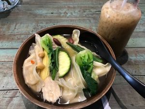 Gyoza soup and almond latte at Mango in Bangkok