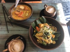 Pad Thai, latte with coconut milk and masaman curry!  at Mango in Bangkok