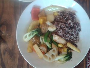 mixed veggies with tempeh, rice separate at Mango in Bangkok