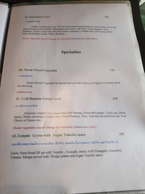 Specialities menu at Mango in Bangkok