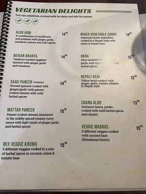 Vegetarian menu (can be cooked vegan)  at Himalayan Kitchen in Honolulu