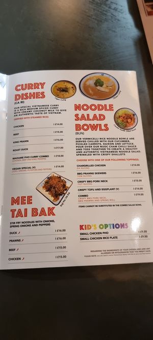 Menu at Madame Pho Derry in Northern Ireland