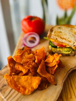 Our delicious Veggie Sandwich with Sweet Potato Chips!  at B Juiced in Ferguson