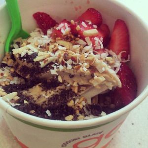You've won my heart forever Gojis. Peanut butter and caramel almond milk froyo topped with strawberries, almond, peanuts, coconut and oreo crumbs.  at Goji's in Halifax