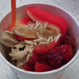 Decided to do half sorbet and half maple almond milk froyo today. Soooo good. Watermelon and mango sorbet, a combination I couldn't resist. at Goji's in Halifax