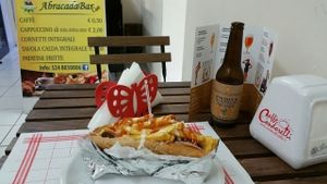 vegan prosciutto sandwich with fries; beer at AbracadaBar in Catania