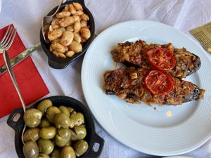 Stuffed peppers, butterbeans and olives   at Oda in Tirana