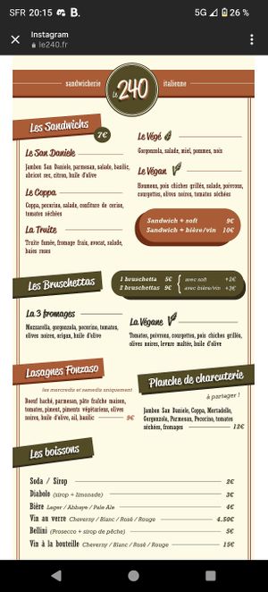 Menu at Le 240 in Neuilly Sur Marne