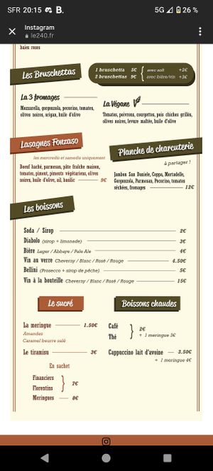 Menu at Le 240 in Neuilly Sur Marne