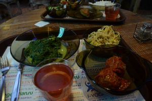 Spinach, tofu/sprouts, meatballs, Strawberry Drink at Jagannath - Kuznetsky Most in Moscow