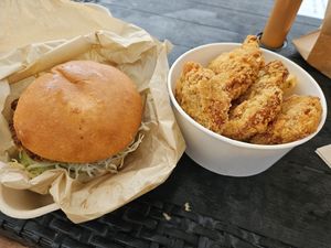 Karuage burger + karuage combo (fries beneath), 1600 + 1600 Yen at Natureverse Kitchen in Osaka