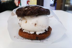Vegan cookie sandwich with mint-chocolate Chip ice cream at CREAM in Palo Alto