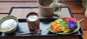 Coconut yogurt + fresh fruit + pineapple juice at Green Tiger House in Chiang Mai