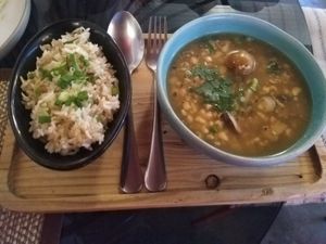 Plum soup and fried garlic rice at Green Tiger House in Chiang Mai
