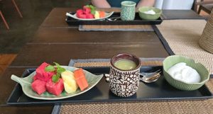 Starter: Coconut Yogurt, Pineapple Juice and Mixed Fruits at Green Tiger House in Chiang Mai