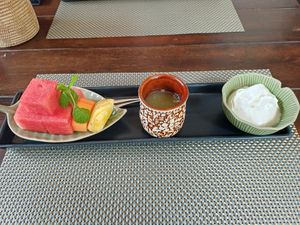 Mixed fruit, yogurt and pineapple juice at Green Tiger House in Chiang Mai
