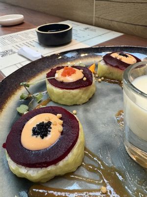 This might be barbers roll? It was yummy and there was a mystery spicy one and they give you a shot of soy milk for the burn, but I thought it was perfectly spicy and didn’t need at Tane Vegan Izakaya - Highland Park in Los Angeles