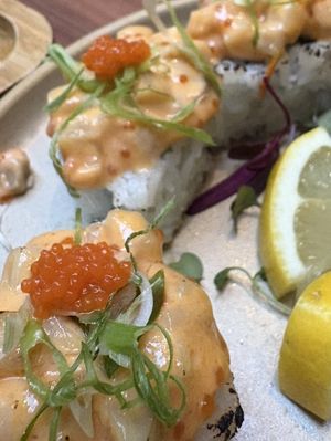 Very clean flavors!! The king oyster was tender and juicy, just like a perfectly cooked scallop. I think this is the Monterey roll  at Tane Vegan Izakaya - Highland Park in Los Angeles