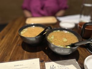 Complimentary miso soupp  at Tane Vegan Izakaya - Highland Park in Los Angeles