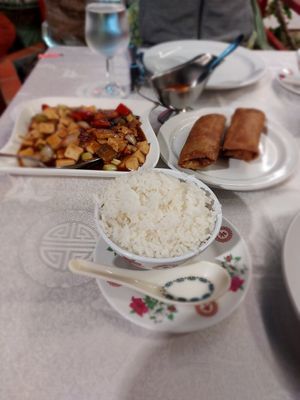 Ma po tofu,  spring rolls and rice. at Great World in Gran Canaria