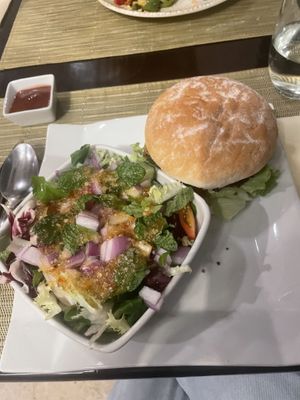 Burger with side salad  at Fusion in Gran Canaria
