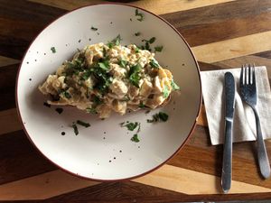 Tostada de orellanas / Mushroom toast at Herbívoro -  Av. Suba in Bogota