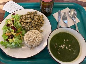 Meal of the day with chickpeas, rice, salad, soup and fresh juice  at Herbívoro -  Av. Suba in Bogota