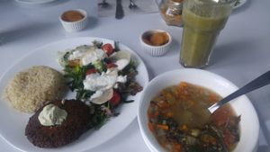 Quinoa soup
Falafel, rice and salad
Feiejo juice 
Panela sweetener  at Herbívoro -  Av. Suba in Bogota