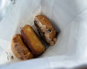 thai tea filled donut, raspberry donut and cookies and cream donut #Veganuary at Donut Panic in San Diego