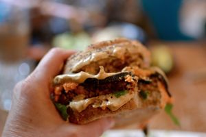Mushroom Melt Burger at Live Organic Food in Toronto