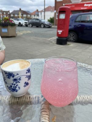 Flat white and raspberry lemonadee  at The Bakehouse West in Wirral
