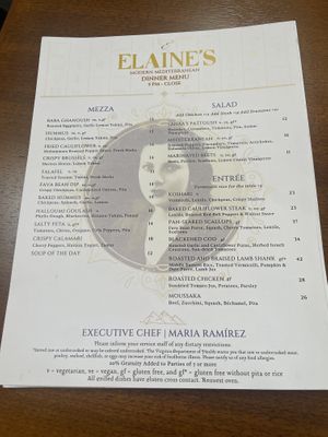 Dinner menu  at Elaine's  in Alexandria