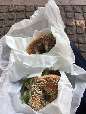 Asian vegan bagel & mozzarella and tomato bagel ☺️ at Inez Bagel Shop in Budapest