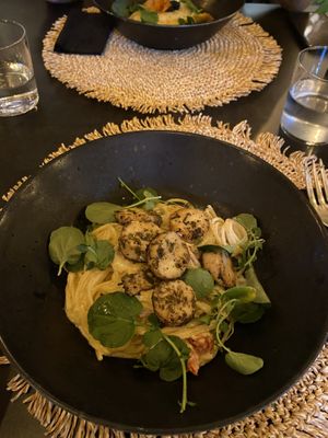 Spaghetti with mushroom scallops  at Villa Vegana in Mallorca