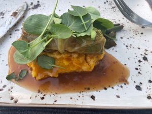 Cabbage stuffed with “beef” on a bed of mashed potatoes   at Villa Vegana in Mallorca