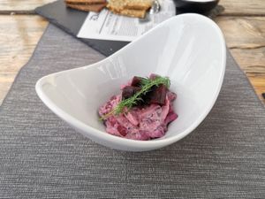Starter: Pickled eggplant herring salad with beetroot, pickles & apples at Villa Vegana in Mallorca