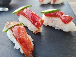 Watermelon tuna nigiris at Villa Vegana in Mallorca