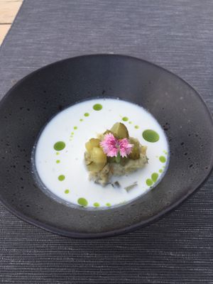 Okroschka - cold Russian soup with vegan egg salad  at Villa Vegana in Mallorca