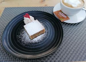 Dessert and cappuchino at Villa Vegana in Mallorca