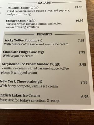 Dessert menu  at The Greyhound Inn in Maryland