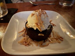 Chocolate Cake with ice cream and coconutt  at aíso in San Francisco