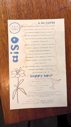 Menu at aíso in San Francisco