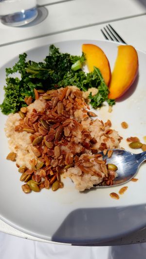 Miso peach oatmeal for brunch at aíso in San Francisco