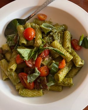 Pesto pasta with beyond sausage  at aíso in San Francisco