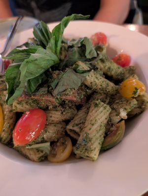 Kale and Walnut Pesto Rigatoni with Beyond Sausage at aíso in San Francisco