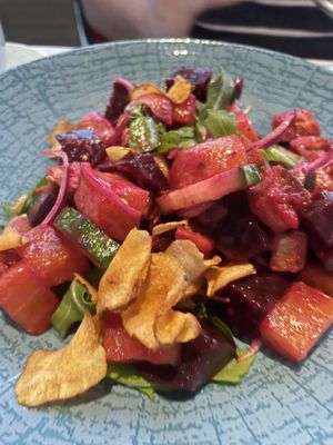 Roasted red and golden beer panzanella  at Equinox Restaurant in Washington